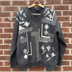 Vintage Colorbar Men’s Sz L Shetland Wool Geometric Grandpacore Grey Sweater